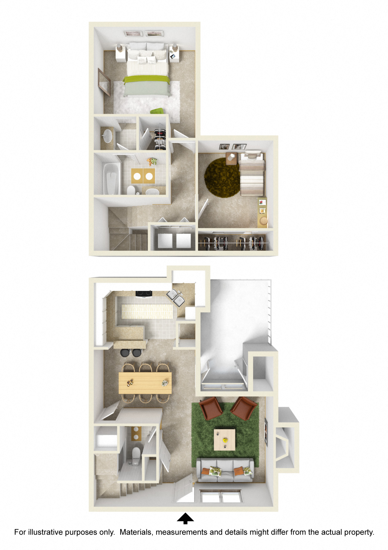 Floor plan for 2 beds, 1.5 baths, 1025 sqft